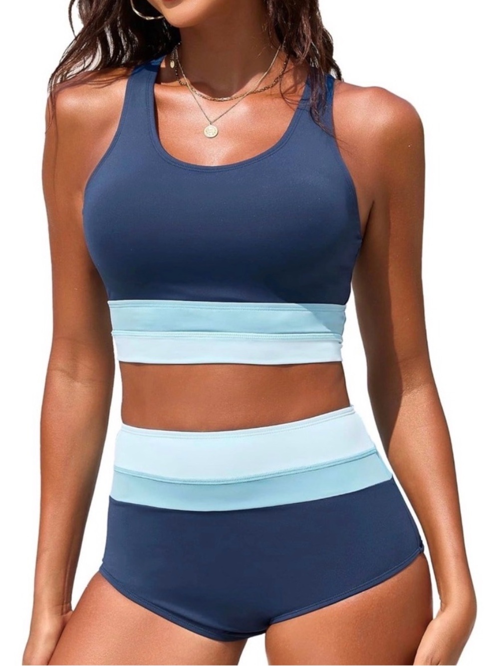 Two-Tone Navy & Light Blue High-Waist Bikini Set